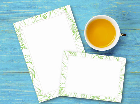 Printable Green Floral Border Stationery Paper and Notecard Set