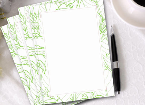 Printable Green Floral Border Stationery Paper (Set of 5) by Jeanetta Richardson