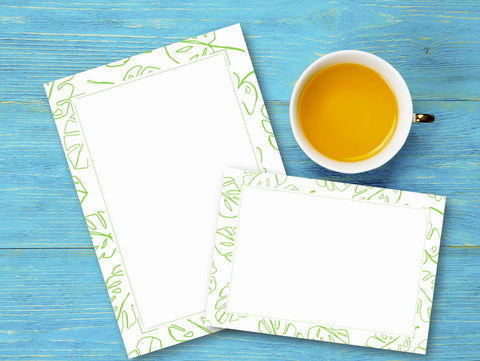 Printable Green Leaf Border Stationery Paper and Notecard Set